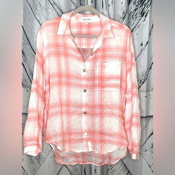 Bella Dahl Crinkle Plaid Button Down Blouse Shirt M - Picture 1 of 6